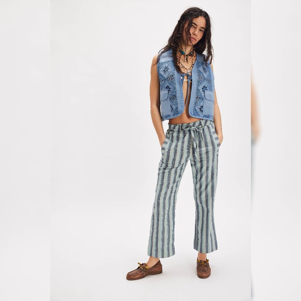 Free People Marielle Pull-On Pants XL 12 Women Striped Trousers Blue Pant 44991